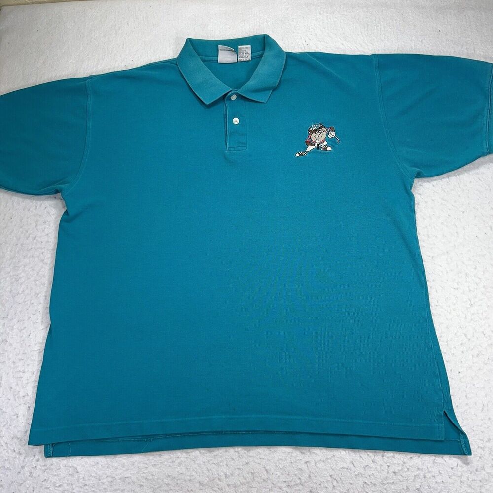 Vintage ACME Men's XXL Tasmanian Devil Golf Short Sleeve Teal Blue Polo Shirt